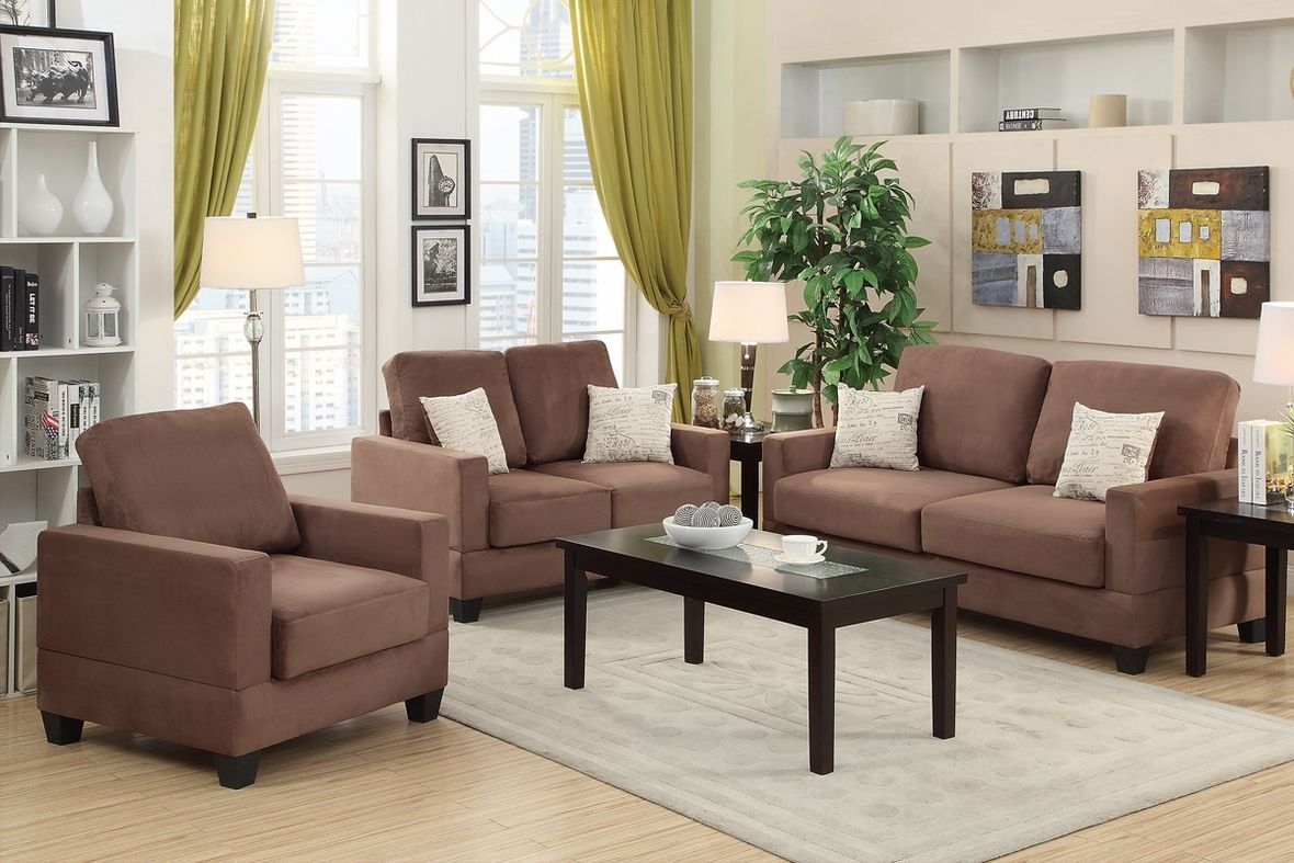 Poundex Rebel F7914 Brown Wood Sofa Loveseat And Chair Set Steal With Sofa Loveseat And Chair Set (View 3 of 15)