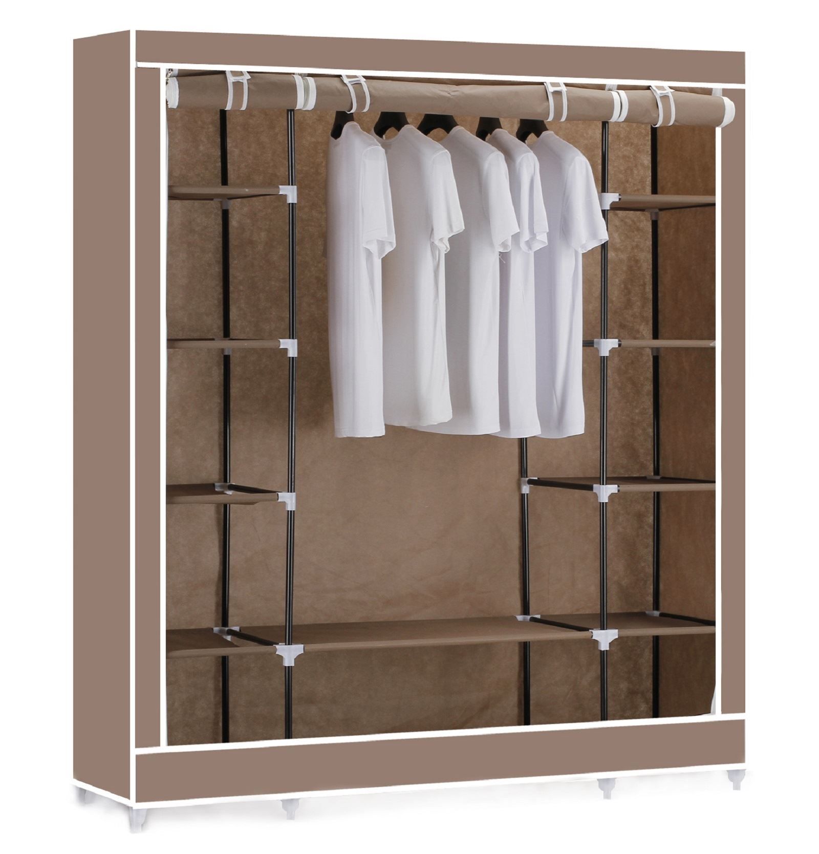 Vinsani Triple Canvas Clothes Wardrobe Hanging Rail With Storage Pertaining To Hanging Wardrobe Shelves (View 4 of 25)