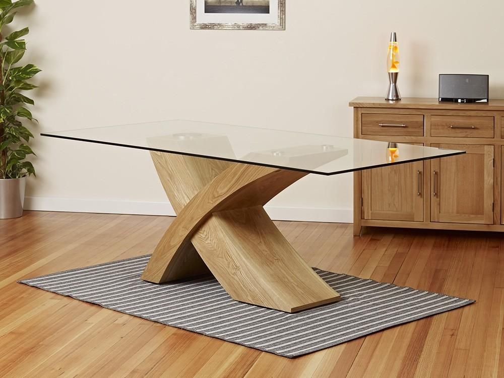 2 Metre Glass Top Dining Table With Oak Cross Base 1Home Oak Glass Inside Oak Glass Top Dining Tables (Photo 1 of 20)