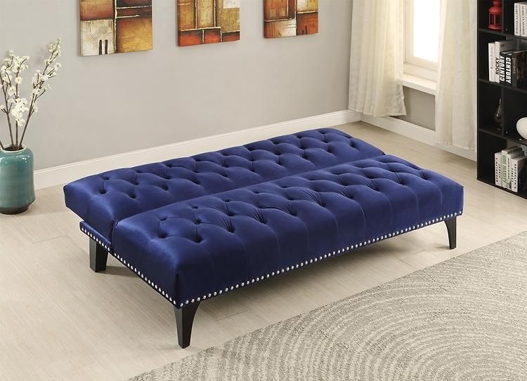 500097 Royal Blue Plush Velvet Tufted Futon Sofa Bed With Nail Within Coaster Futon Sofa Beds (View 17 of 20)