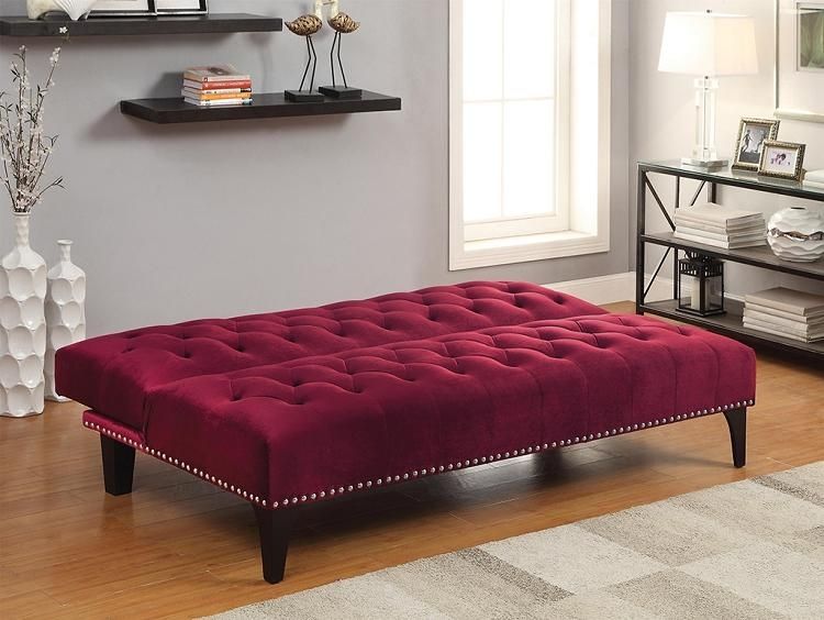 500236 Burgundy Plush Velvet Futon Sofa Bed With Nail Head Design Throughout Coaster Futon Sofa Beds (Photo 12 of 20)