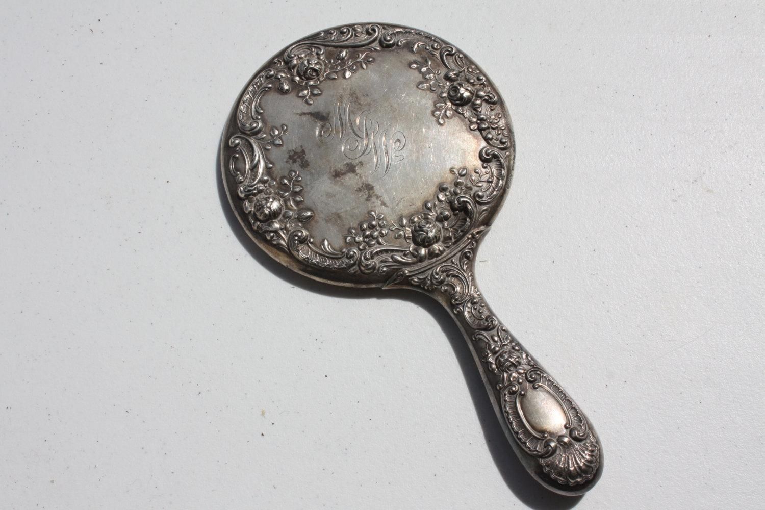 Antique Sterling Silver Gorham Hand Mirror Floral Repousse In Antique Silver Mirror (View 17 of 20)