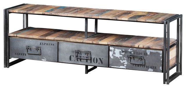Awesome Famous Wood And Metal TV Stands Inside Recycled Boat Wood And Industrial Metal 3 Drawer Tv Console (View 11 of 50)