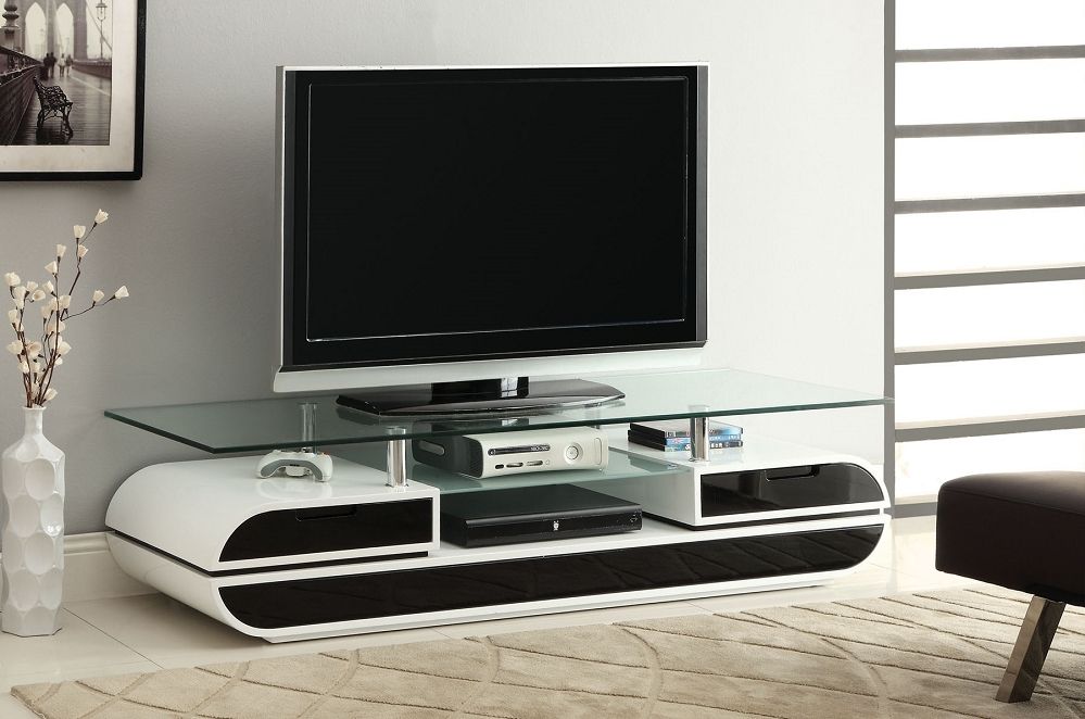 Awesome Popular Modern Style TV Stands Intended For 63 Glass Top Tv Stand Evos Modern Style Black White Lacquer (Photo 14 of 50)