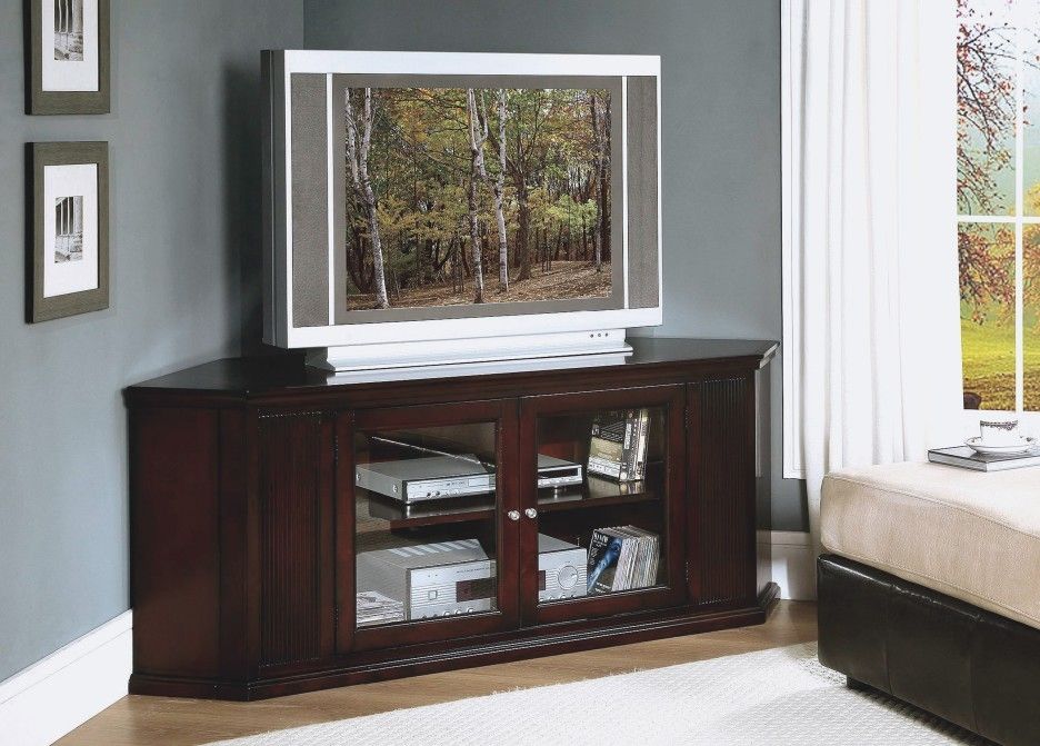 Awesome Well Known Black Wood Corner TV Stands Inside Corner Dark Brown Wooden Tv Stand With Double Glass Doors Storage (View 8 of 50)