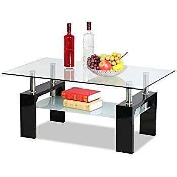 Excellent Latest Rectangle Glass Coffee Table For Amazon Virrea Rectangular Glass Coffee Table Shelf Wood (View 21 of 50)