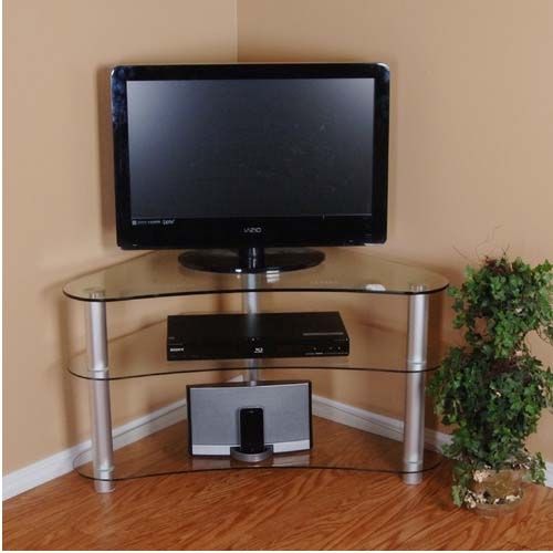 Impressive Common TV Stands For Corner Within Rta Tier One Designs Curved 37 Corner Tv Stand Clear Glass T1d  (View 9 of 50)