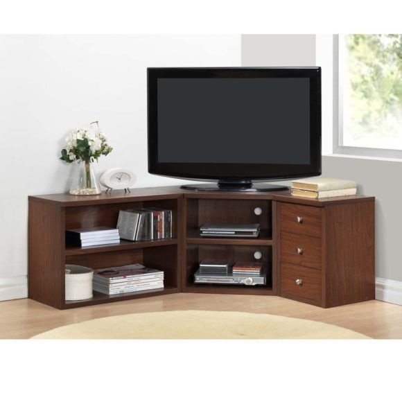 Impressive Famous Black Wood Corner TV Stands Throughout Furniture Brown Wooden Corner Tv Stand With Shelf And Drawers (Photo 40 of 50)