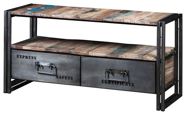 Impressive Series Of Wood And Metal TV Stands Inside Boris Recycled Wood And Metal 2 Drawer Tv Unit Industrial (View 18 of 50)