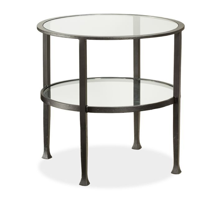 Impressive Well Known Glass And Black Metal Coffee Table Within Tanner Round Side Table Bronze Finish Pottery Barn (View 9 of 50)