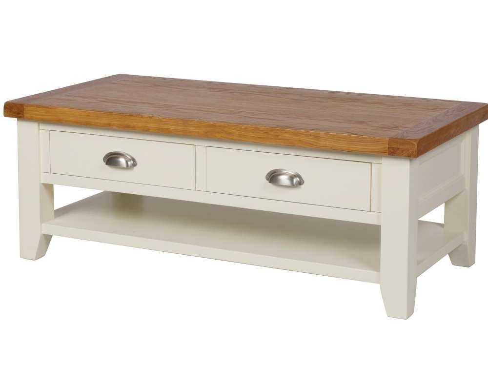 Innovative Best Oak And Cream Coffee Tables Inside Country Oak Cream Painted Large 4 Drawer Coffee Table With Shelf (Photo 13 of 40)