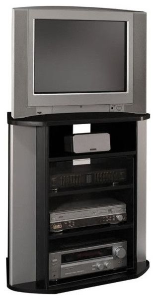 Innovative Elite Black Wood Corner TV Stands With Regard To Bush Visions Corner Tv Stand In Black With Metal Silver Finish (Photo 25 of 50)