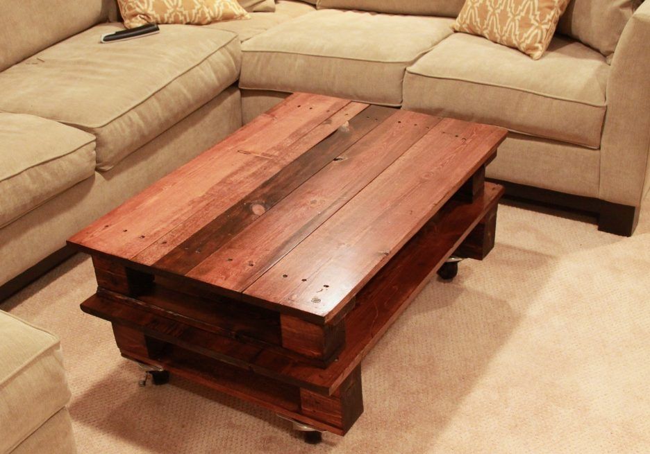 Magnificent Top Coffee Tables With Shelf Underneath Inside Rectangular Pallet Coffee Table With Wheels Varnished Wooden Table (View 35 of 50)
