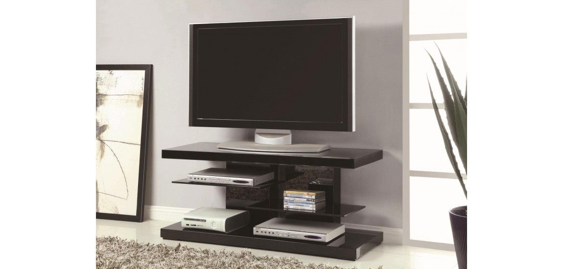 Remarkable Series Of Contemporary Modern TV Stands Regarding 700840 Glass Shelves Black High Gloss Modern Tv Stand (View 44 of 50)