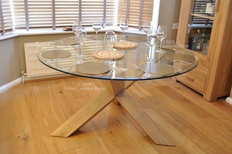 Rio Round Large Glass Dining Table With Oak Legs | In Bagshot With Round Glass Dining Tables With Oak Legs (View 3 of 20)