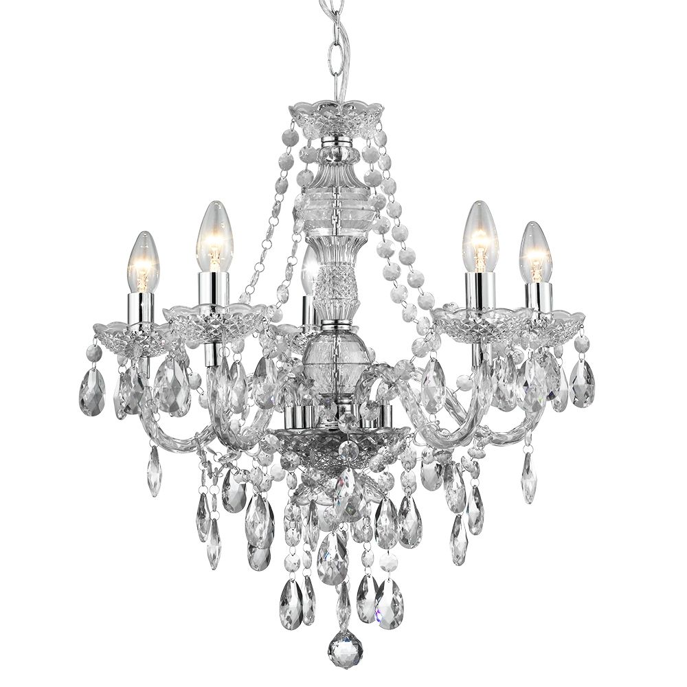 Searchlight 8885 5cl Marie Therese 5 Light Clear Acrylic Inside Acrylic Chandelier Lighting (View 1 of 25)