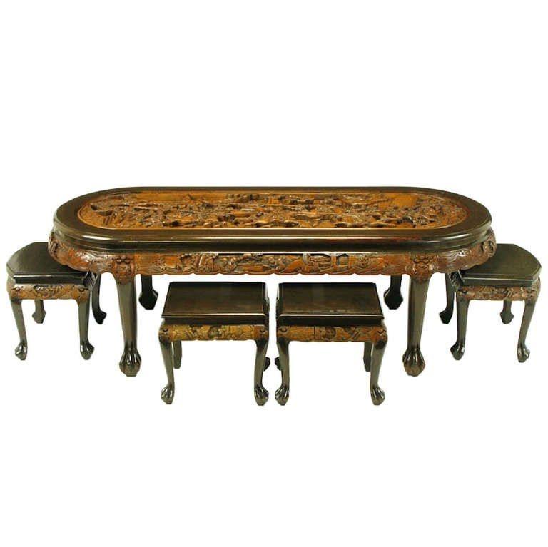 Stunning Top Chinese Coffee Tables Pertaining To Chinese Oval Coffee Table With Hand Carved Battle Scene And Six (View 49 of 50)