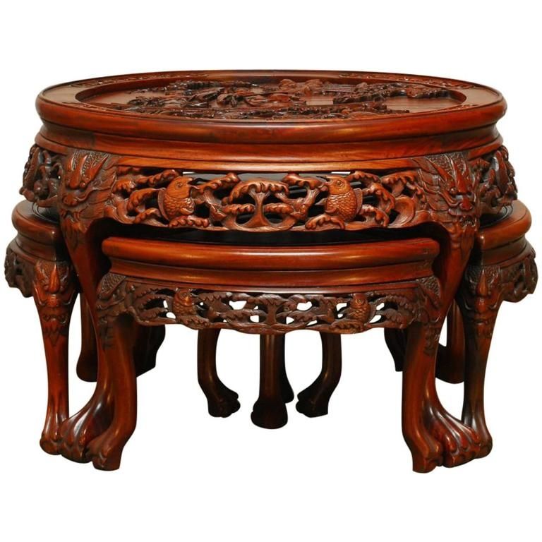Stunning Widely Used Coffee Tables With Nesting Stools Intended For Round Chinese Carved Rosewood Tea Table With Nesting Stools For (View 35 of 50)