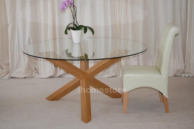 Trio 5" Solid Oak Glass Round Dining Table Furniture | Ebay With Glass Dining Tables With Oak Legs (Photo 7 of 20)
