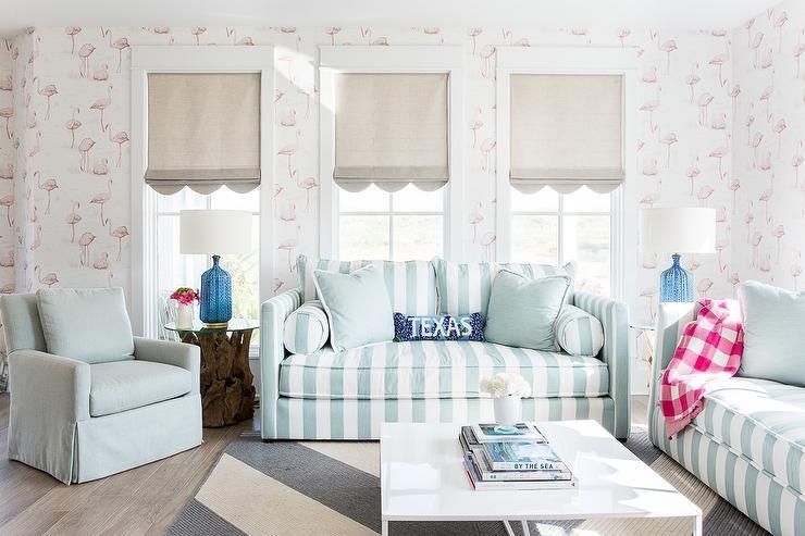 Turquoise Blue Striped Sofa With Pink Flamingos Wallpaper Within Blue And White Striped Sofas (Photo 10 of 20)