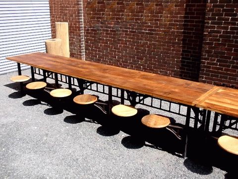 Vintage Industrial Cafeteria Dining Table – Hudson Goods Blog Throughout Dining Tables With Attached Stools (View 4 of 20)