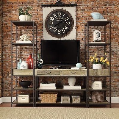 Wonderful Famous Wood And Metal TV Stands Within 3pc Rustic Tv Stand W Bookcases Entertainment Center Wood Metal (View 26 of 50)