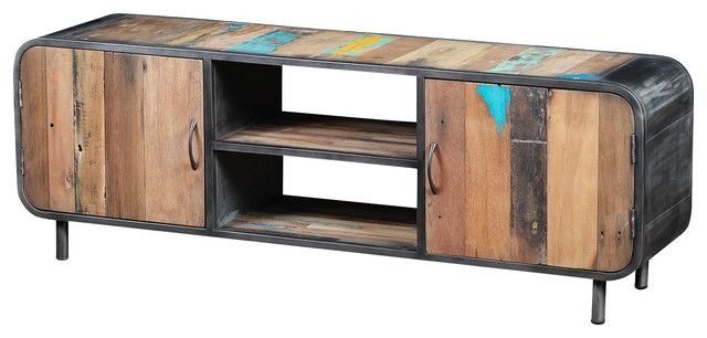 Wonderful New RecycLED Wood TV Stands Throughout Recycled Boat Wood Tv Unit With 2 Doors Industrial (Photo 9 of 50)