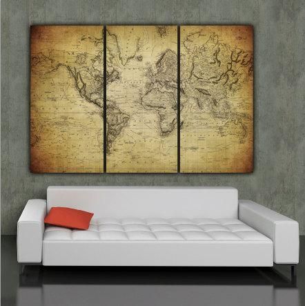 1850 Vintage World Map Art On Canvas Vintage Map Set For Within Antique Map Wall Art (View 3 of 20)