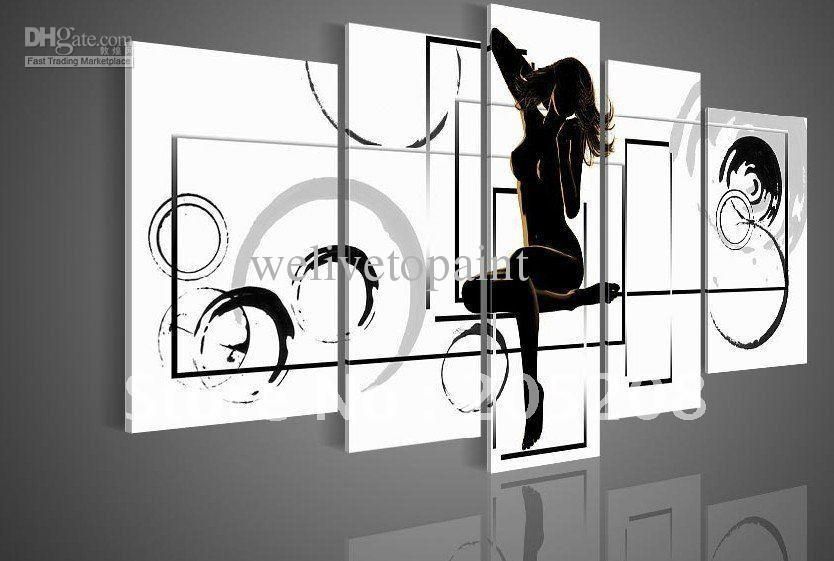 2017 Framed 5 Panel Large Black And White Nude Oil Painting Wall With Large Black And White Wall Art (View 17 of 20)