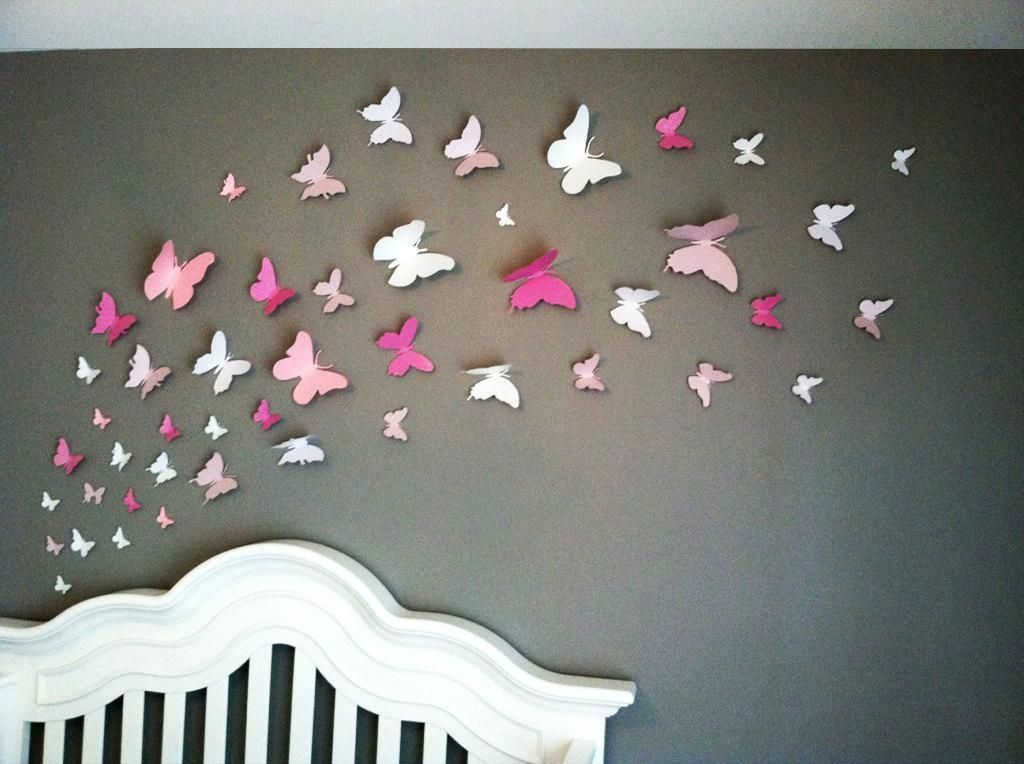 3D Butterfly Wall Art Home Decor Girls Room Pink And White Within Pink Butterfly Wall Art (Photo 3 of 20)