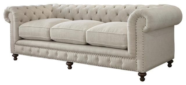 98" Beige Linen Chesterfield Cigar Club Style Sofa – Traditional With Regard To Beige Sofas (View 17 of 20)
