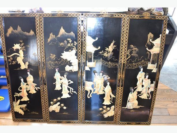 Asian Oriental Wooden Mother Of Pearl Wall Art Hanging 4 Panels Intended For Asian Wall Art Panels (Photo 20 of 20)