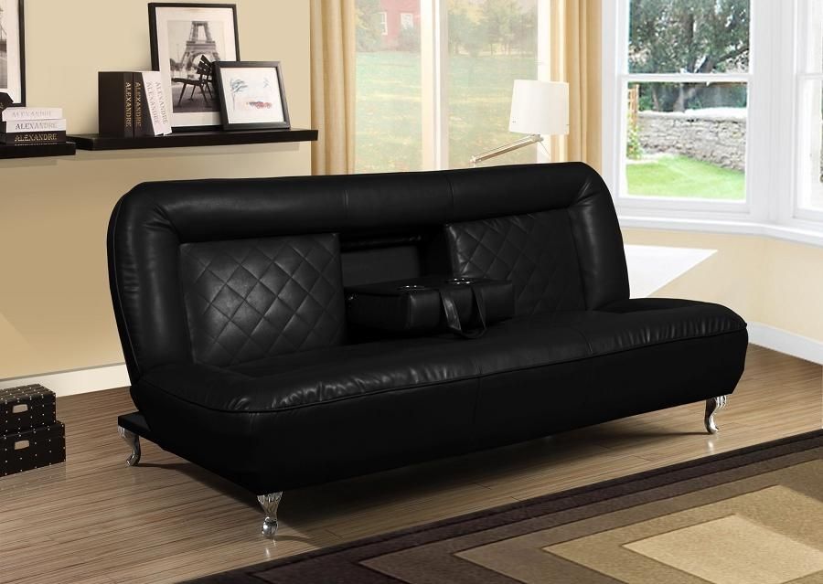 Bentley Black Faux Leather Futon Sofa Bed W Fold Down Tray For In Faux Leather Futon Sofas (Photo 12 of 20)