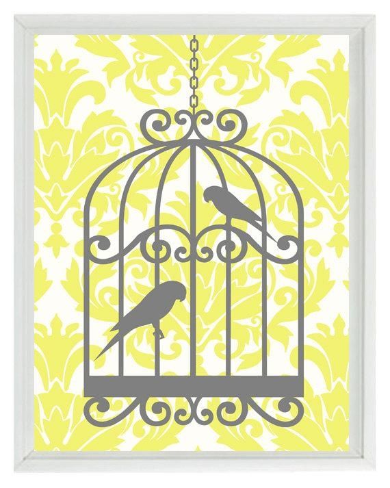 Birds Wall Art Print Yellow Gray Decor Damask Bird Cage With Regard To Yellow And Gray Wall Art (View 3 of 20)