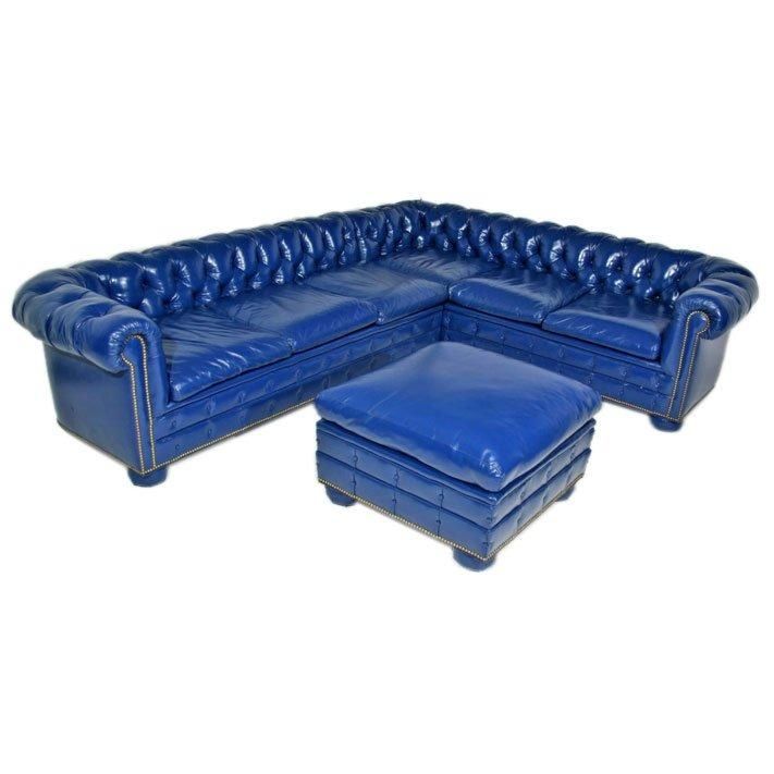 Bright Blue Leather Chesterfield Sectional Sofa With Ottoman At Regarding Blue Leather Sectional Sofas (View 11 of 20)