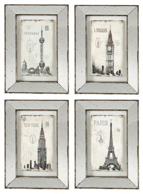 Cityscape Antiqued Mirror Framed Art, 4 Piece Set – Contemporary With Mirrored Frame Wall Art (Photo 1 of 20)