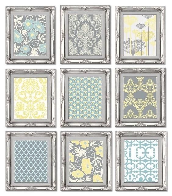 Gallery Wall Art Prints, Set Of 9, Gray, Blue And Yellow Inside Yellow And Blue Wall Art (View 18 of 20)