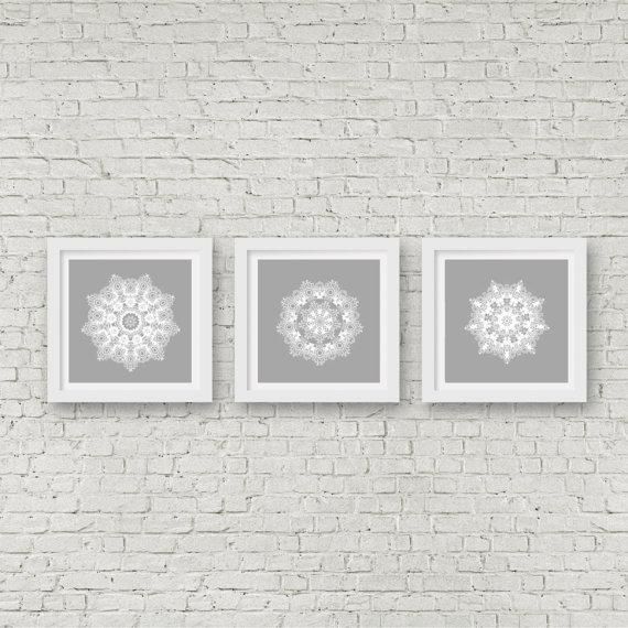 Grey Mandala Wall Art Set Of 3 Matching Prints White Wall Art In Matching Wall Art Set (View 3 of 20)