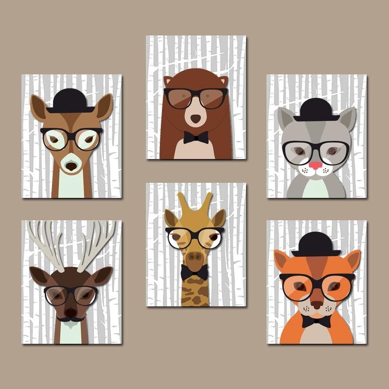 Hipster Woodland Animals Wall Art Baby Boy Nursery Canvas Or Inside Animal Canvas Wall Art (View 9 of 20)