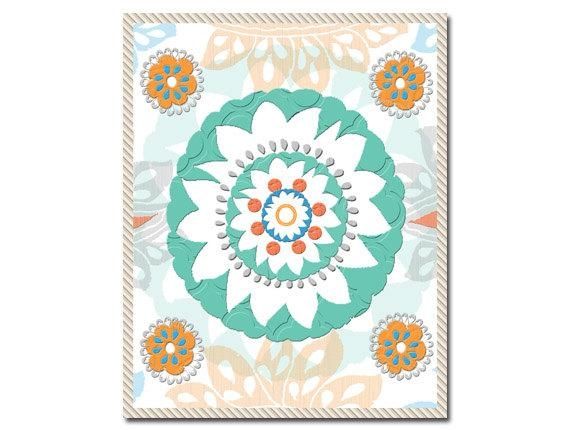 Items Similar To Teal Turquoise Coral Gray Wall Art, Vintage Throughout Orange And Turquoise Wall Art (View 13 of 20)