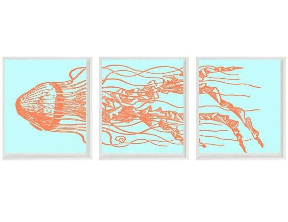 Jellyfish Sea Creature Beach Nautical Art Print Set Aqua Intended For Beach Cottage Wall Art (View 16 of 20)