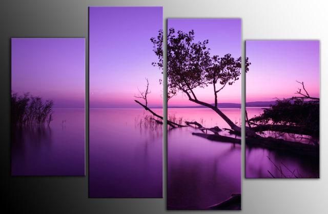 Large Purple Toned Lake Scenic Canvas Wall Art Picture 60 Inch 4 Panel Throughout Purple Canvas Wall Art (View 1 of 20)