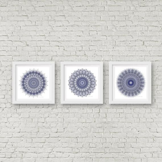 Mandala Wall Art Set Of 3 Matching Prints Navy Blue Wall Art In Matching Wall Art Set (Photo 5 of 20)