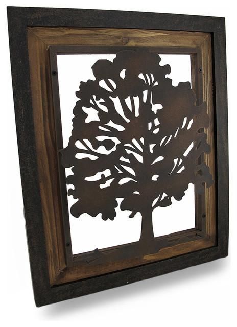 Metal Rustic Finish Tree Silhouette On Wood Frame Wall Hanging With Metal Framed Wall Art (Photo 5 of 20)