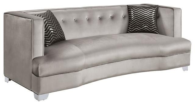 Modern Silver Sofa With 2 Accent Pillows, Chrome Legs Tufted Back Inside Silver Tufted Sofas (View 4 of 20)