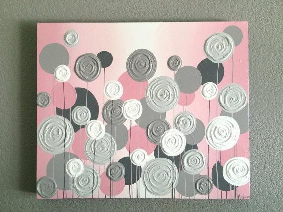 Nursery Wall Art Pink With Grey Textured Flowers Acrylic With Regard To Pink And Grey Wall Art (View 1 of 20)