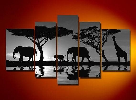 Oil Wall Art African Tree Night Elephants Sun Decoration Landscape Inside Canvas Landscape Wall Art (Photo 13 of 20)