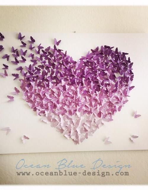 Ombre Butterfly Heart 3D Canvas Wall Art – Lavender / Purple For Butterfly Canvas Wall Art (Photo 1 of 20)