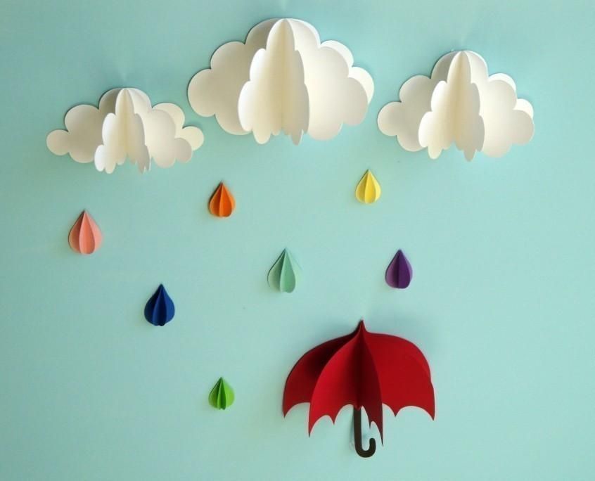 Red Umbrella Raindrops And Clouds Wall Art/3D Paper Wall Inside 3D Clouds Out Of Paper Wall Art (Photo 1 of 20)