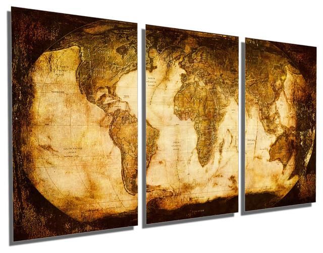 Rustic World Map Metal Print Wall Art 3 Panel Split, Triptych Wall Within Three Panel Wall Art (Photo 1 of 20)